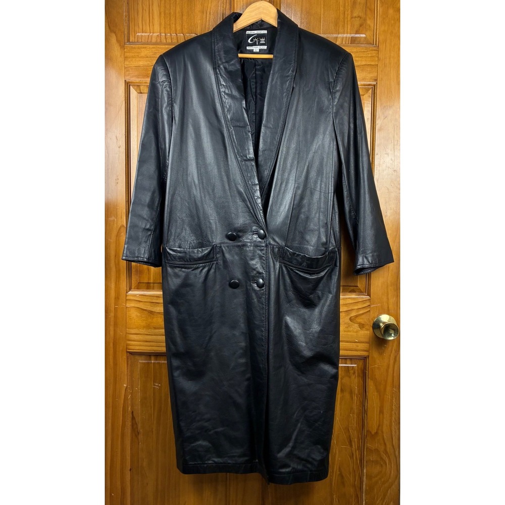Global Identity G-III Leather Trench Coat Long Black Vintage Duster L 90s Matrix